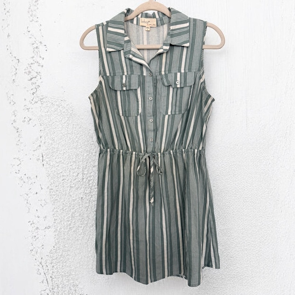 Bebop Sleeveless Striped Shirt Dress Green & Ivory Button Front Size L